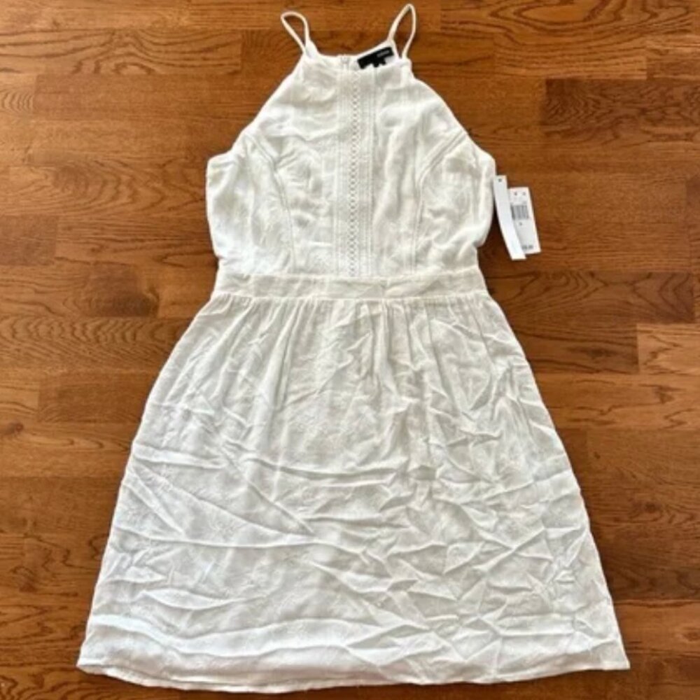 AQUA Mini Dress Ivory High Neck Off White Lace Skater Tank Sun Cream S NWT